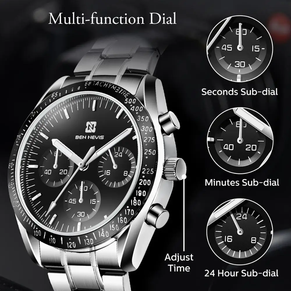 BEN NEVIS Business Watch for Men Silver Waterproof Chronos Watch Stainless Steel Strap Quartz Luminous Hands New Luxury Brand