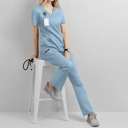 S-3XL 4Colors Stretch Quick Drying Medical Uniform Breathable Scrubs Doctor Nursing Work V-neck Top Drawstring Pants Scrubs Suit