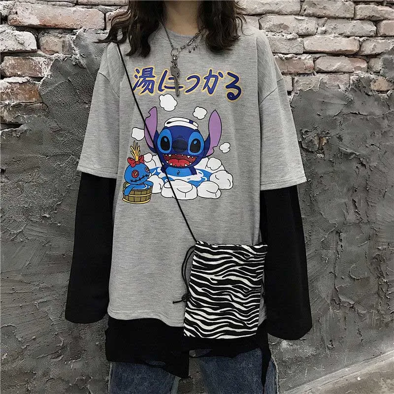 NiceMix Harajuku/футболка с принтом тыквы и буквами; Поддельные 2 штуки; Лоскутная Повседневная футболка с длинными рукавами; женская и Мужская Уличная одежда; топы - Цвет: 32369grey