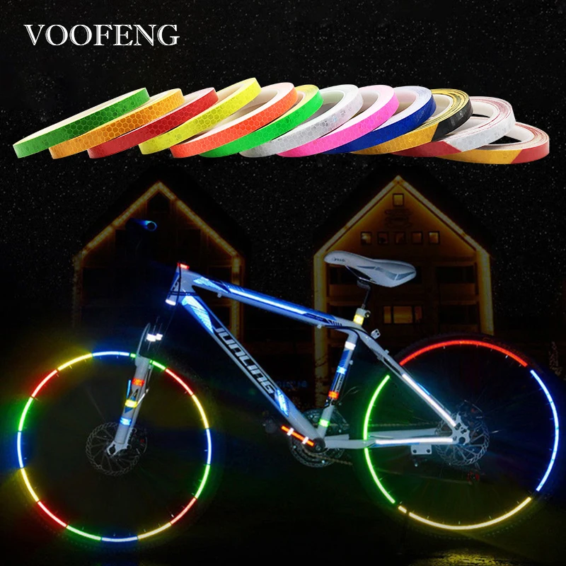 VOOFENG-cinta reflectante de alta visibilidad para bicicleta, pegatina de seguridad para carretera, 12 colores, cinta adhesiva de advertencia, 1cm x 8m