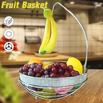 

Plated Iron Fruit Basket with Hook Rustproof Kitchen Desktop Banana Hanger Fruit Bowl Iron Holder Storage Basket Home Decor