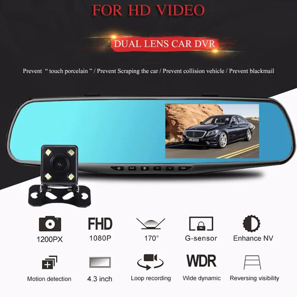 

Hd Reversing Image Single And Double Lens Camera 4.3 Inch Rearview Mirror 1080P Driving Recorder Car Supplies