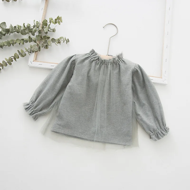 Серый Dudu Cream/Осенняя детская одежда новая стильная футболка из тюля 19 футболка в Корейском стиле с кружевным рукавом и воротником для девочек - Цвет: Серый