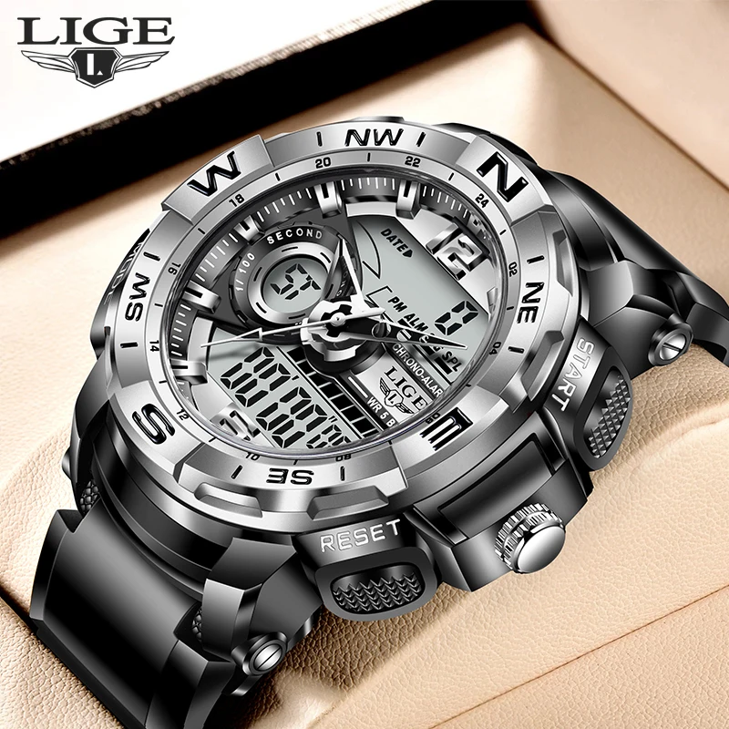 

LIGE Mens Watches Military Clock Top Brand Luxury Sports Wristwatch LED Dual Display Watch Fashion Army Outdoor Waterproof Watch