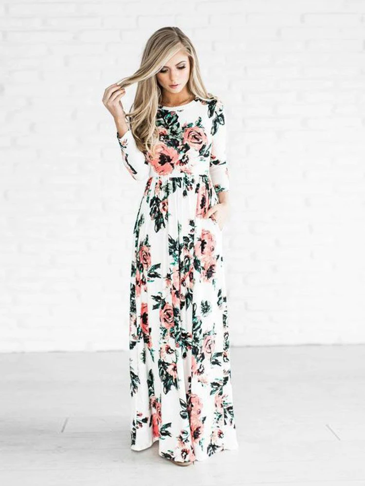 Autumn summer women dress Long short sleeve maxi dress women floor length white print floral ladies casual dress vestidos LD718 (34)