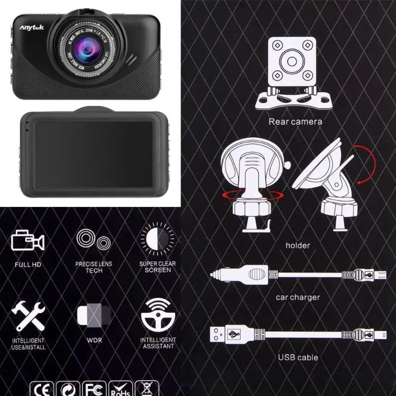 Anytek K18+ видеорегистратор с двумя объективами, Full HD 1080 P, Автомобильный видеорегистратор, фронтальная+ задняя видеокамера, g-сенсор, видеорегистратор