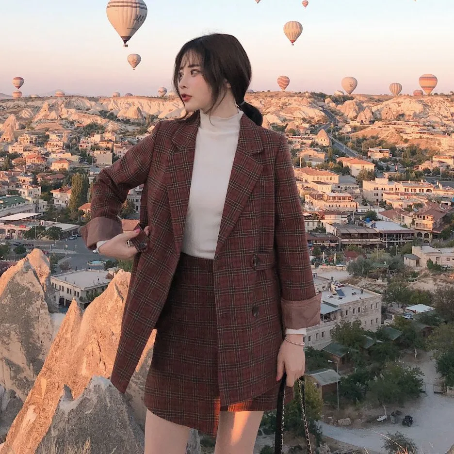 

Photo Shoot CHIC Retro Contrast Color Plaid Mid-length Single Breasted Small Suit Bow Bandage Cloth Culottes Ol WOMEN'S Suit