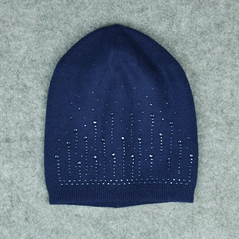Navy Blue Вязаная Шерстяная Шапочка, женская шапочка в европейском и американском стиле, одноцветная теплая Модная двухслойная шапка - Цвет: Navy Blue