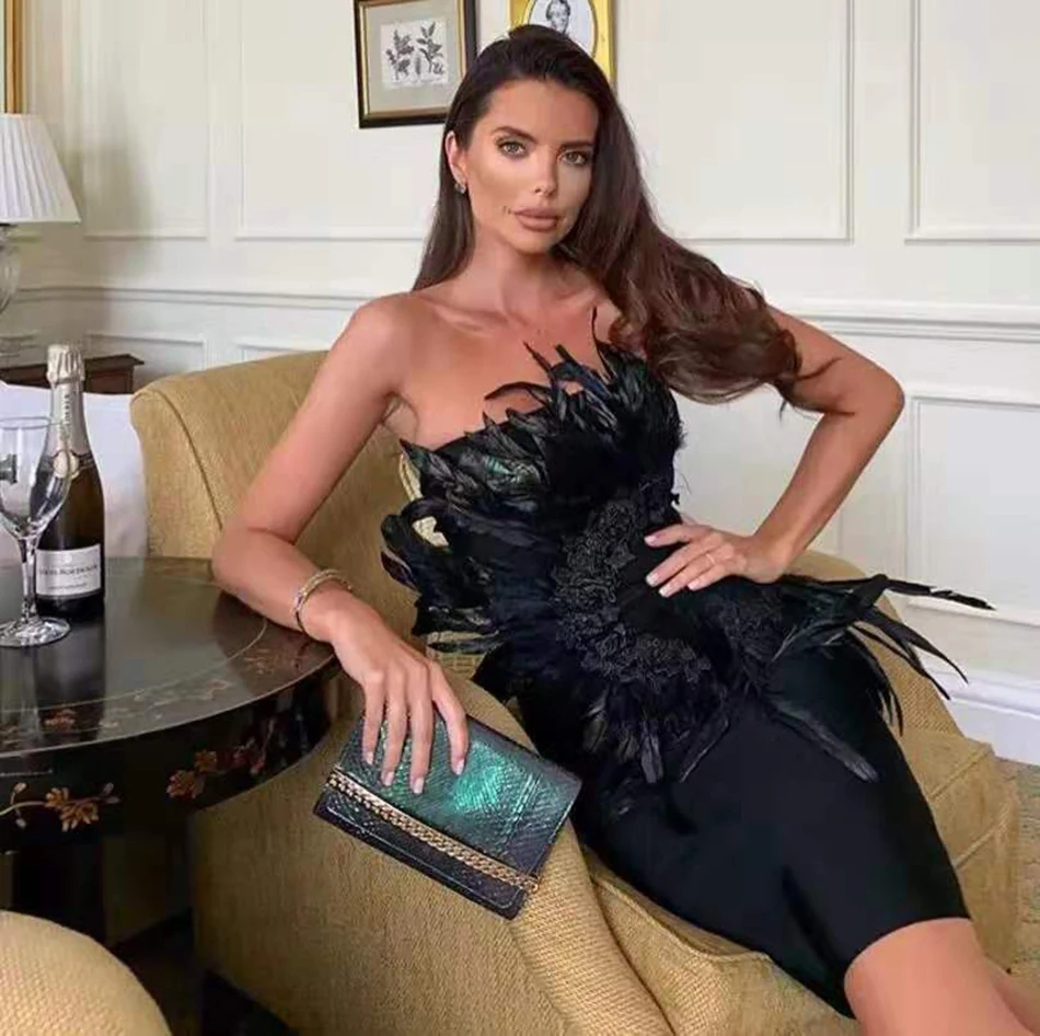 Black Strapless Bandage Dress with Sleeveless Feather Detailing for Club Celebrity Parties image 3