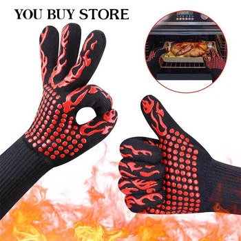 

Heat Resistant Bbq Grill Gloves 300-500 Centigrade Lining Cotton For Cooking Baking Grilling Oven Mitts Kitchen Bbq Tool