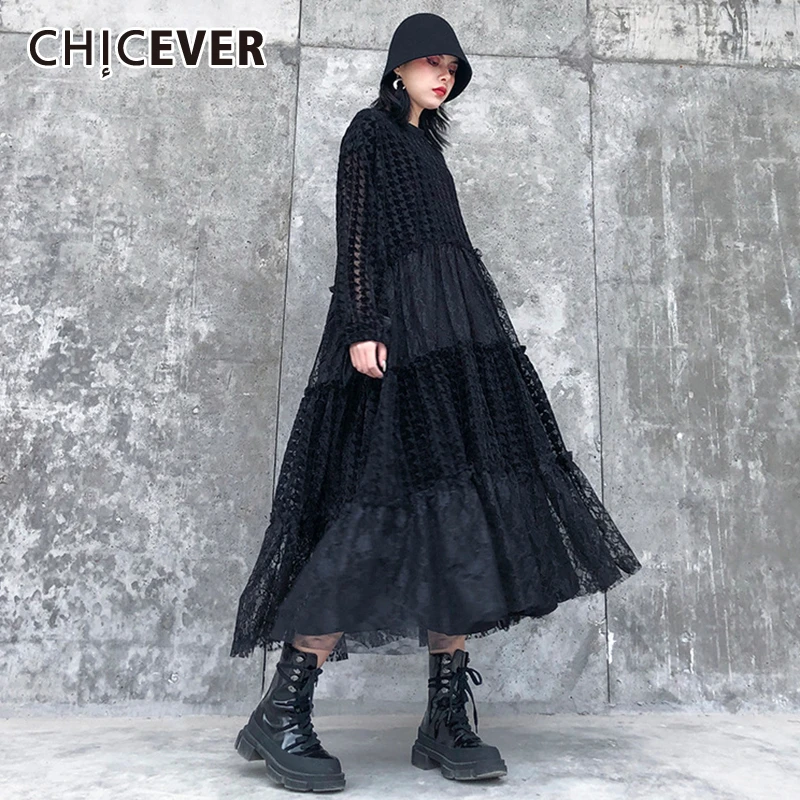 CHICEVER лоскутное кружевное Открытое платье для женщин с круглым вырезом и длинным