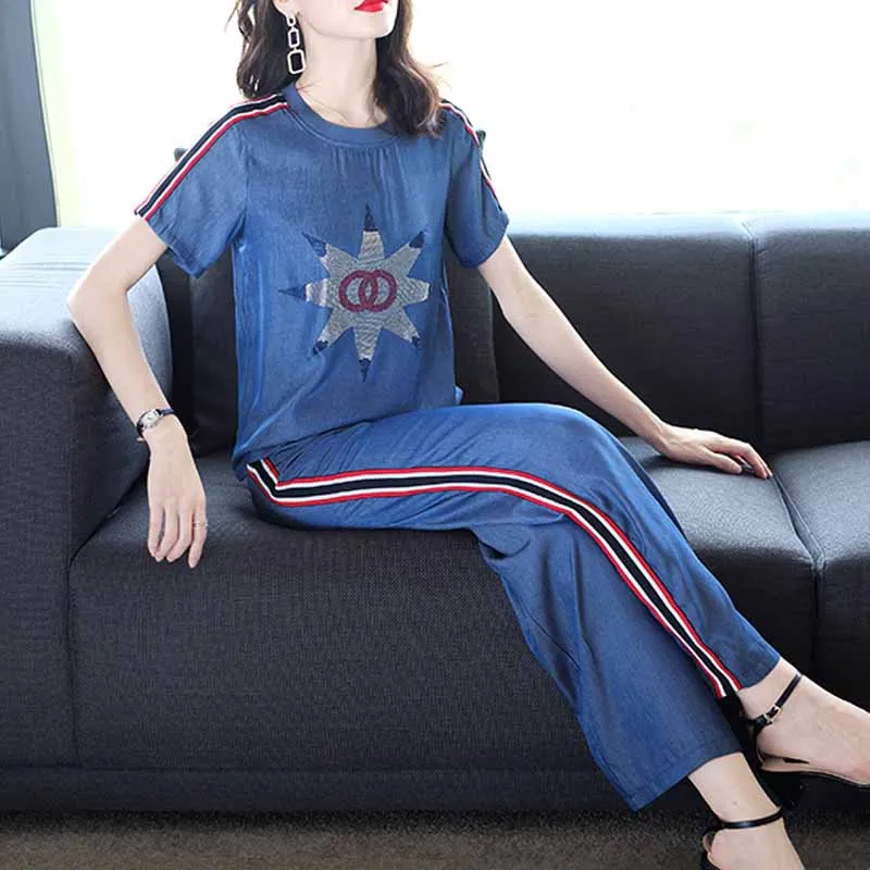 

Summer New Style Western Style Fashion Large Size Loose-Fit Slimming Sequin Cowboy Hoodie Pants Loose Pants Two-Piece Set Women'