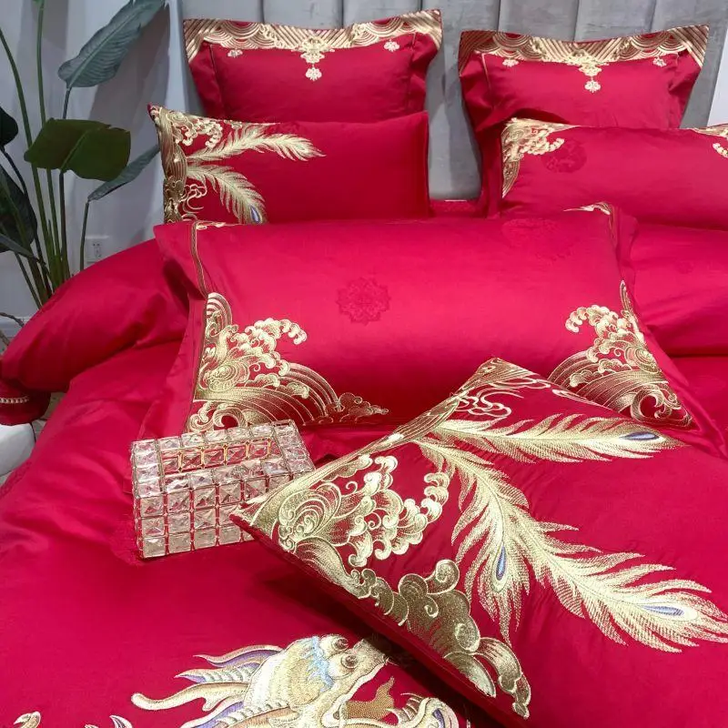 Century wedding Bedding Set red embroidery Bed Set 100S Long-staple cotton Duvet Cover Set Queen King size Bed Sheet Pillowcases