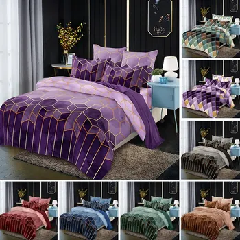 

2/3 PCS/set Geometric Cover Soft Quilt Bedding Kit Multi Size Golden Line With Pillow Case Slipcovers ^^