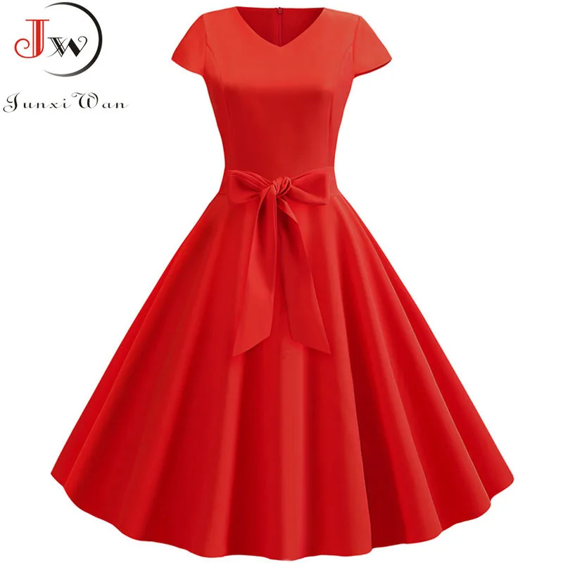 

Solid Summer Women Dress Short Sleeve Vintage V-neck Casual Elegant Retro Pin Up Rockabilly Party Midi Dresses Red Plus Size