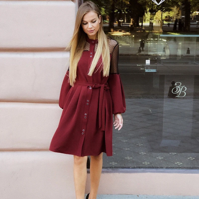 Cena Kobiety koronka w stylu vintage Patchwork linia Party Dress Ladies długi rękaw bufka moda sukienka do pracy biurowej 2019 zima sukienka do kolan pas