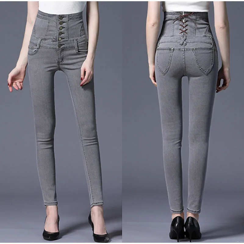 Plus Size High Waist Button Up Skinny Pencil Jeans 4Xl 5Xl Sexy Women Spring Back Lace Up Slim Fit Light Gray Casual Long Jeans
