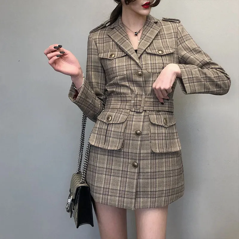 

Plaid print dress blazer women autumn single breasted pocket work office blazer suit slim elegant retro casual suit korean style