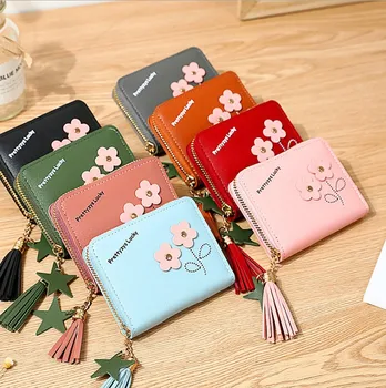 

Women’s Outdoor Fashion Trend Solid Color Flower Fringed Leather Card Wallet carteira portfel wallets Bag monederos para mujer