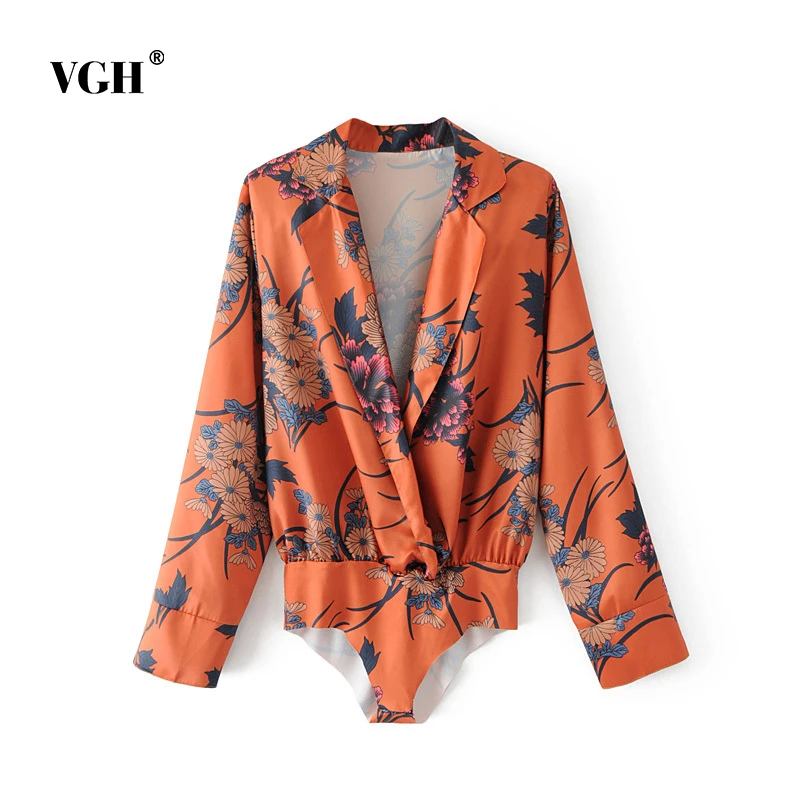 

VGH Summer Beach Style Bodysuit Female V Neck Long Sleeve High Waist Slim Print Clothes Bodysuits Women 2019 Fashion New