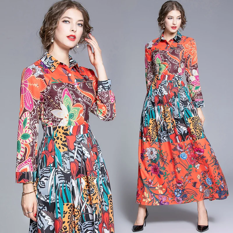 

runway maxi dresses women high quality rose flower vintage print turn-down collar party dress vestidos robe femme