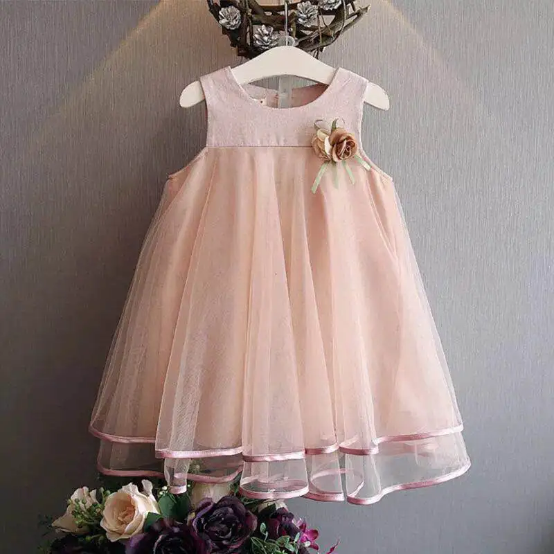 Летнее платье для маленьких девочек, Сетчатое платье без рукавов для свадебной вечеринки, дня рождения, розовое, серое детское платье с корсажем для 2, 3, 4, 5, 6, 7, 8 лет