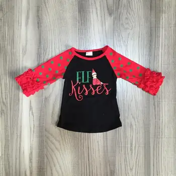 

baby girls clothes girls Christmas top shirt girls black elf tee with ruffled red sleeve girls cotton raglans wholesale