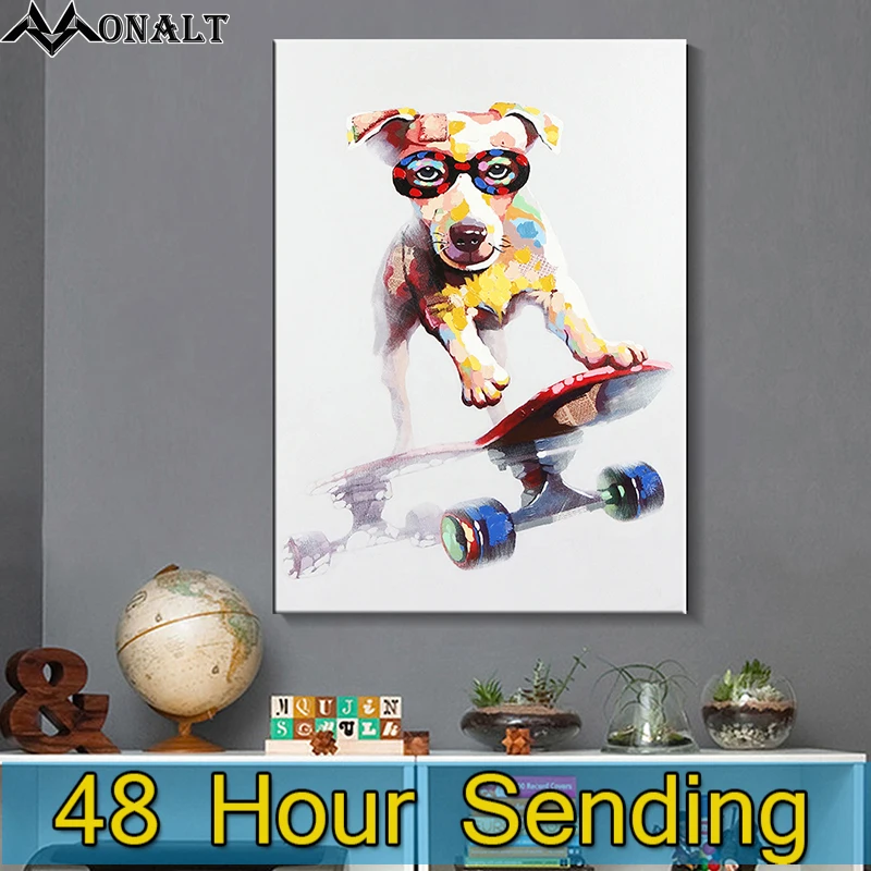 Dog Playing Scooter Canvas Print Oil Painting Hand Painted Living Room Abstract Wall Pictures Hoom Decor Animal Posters | Дом и сад