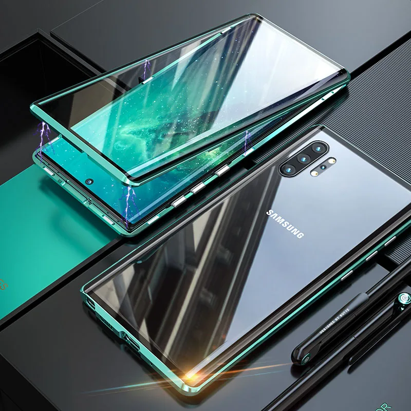 Магнитный двухсторонний чехол из закаленного стекла для samsung Galaxy Note 10 Pro Plus, чехол, противоударный жесткий защитный металлический бампер - Цвет: Green