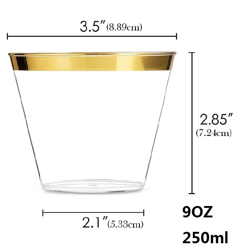 Одноразовые Пластик чашки с золотым ободком 9OZ Свадебная вечеринка стаканы золото бронзового цвета чашка для питья оптом для рождественской вечеринки 25/50/100 шт