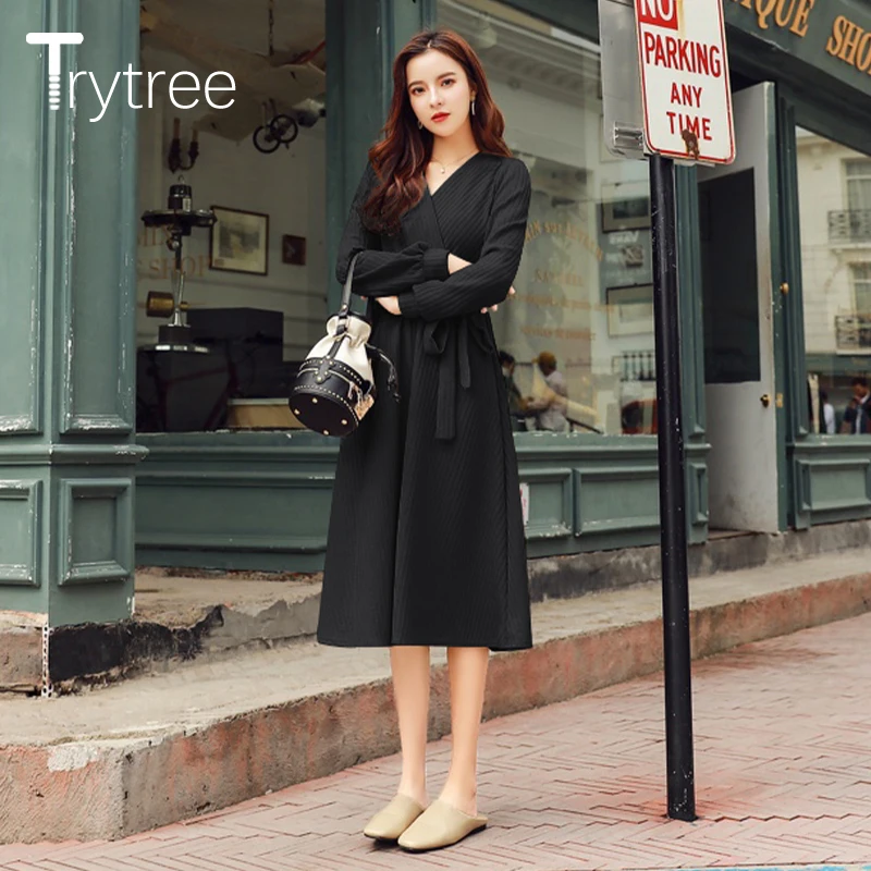Trytree Осень Зима Женское Повседневное платье с v-образным вырезом вязаный однотонный пояс Модное Элегантное ТРАПЕЦИЕВИДНОЕ ПЛАТЬЕ до середины икры офисное женское платье