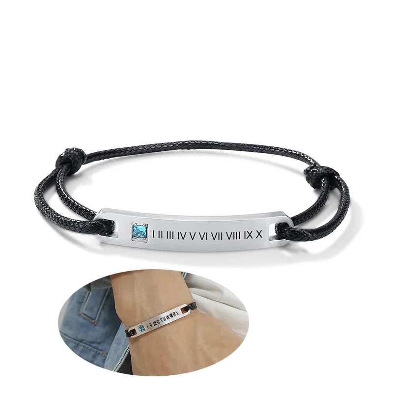 

Engraved Name Bracelets Stainless Steel Simple Roman Numerals Bracelet For Men Women Jewelry Presents Between Lovers Gift