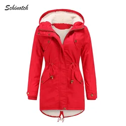 Schinotch Women Jacket Winter Thick Warm Plus Velvet Outwear Hooded Parkas Drawstring Pockets Coat Lady's Fashion Clothes