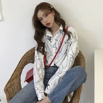 

Women Autumn Print Casual Blouse Loose Long-sleeved Shirt Fashion Lapel Female Blouse 2019