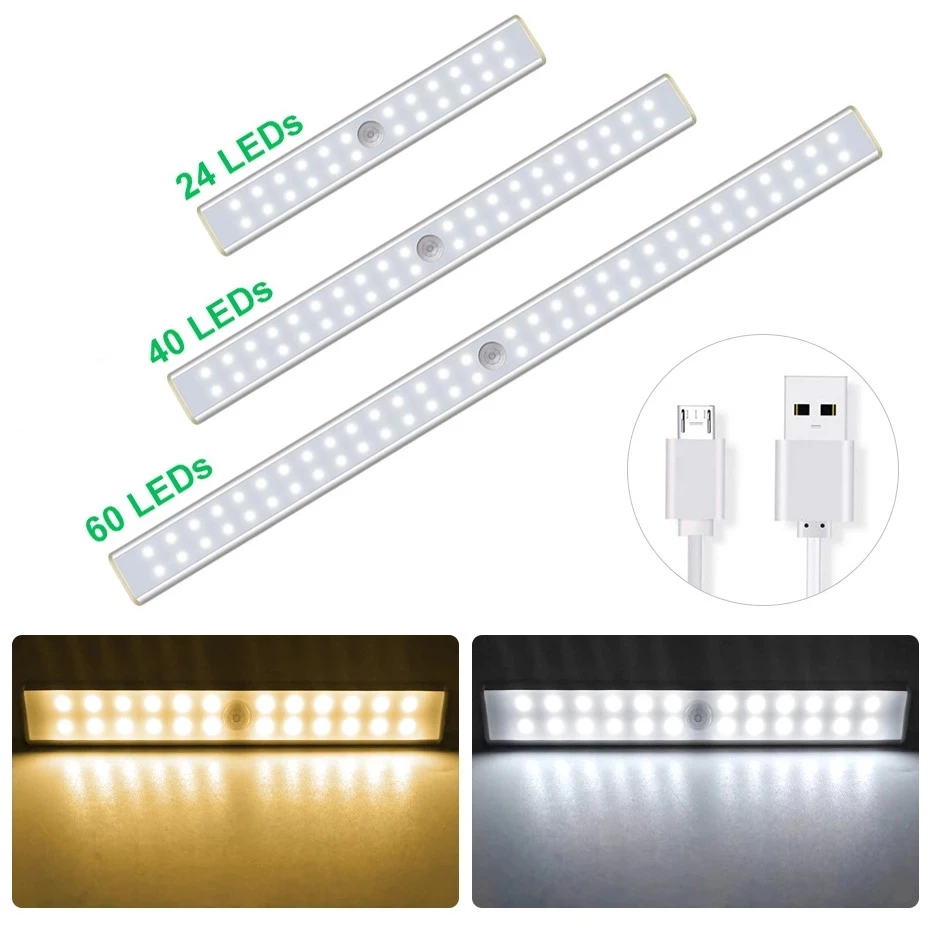 

24/40/60 LEDs PIR LED Motion Sensor Light USB Rechargeable LED Under Cabinet Night Light For Kitchen Closet Wardrobe Stairs