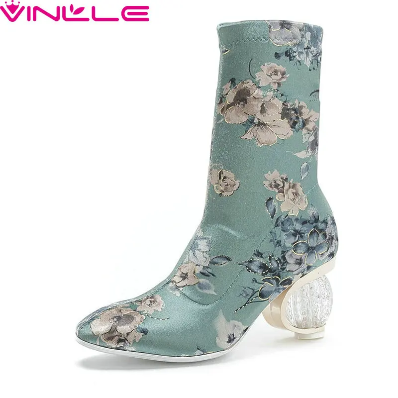 

VINLLE 2019 Fashion Women Ankle Zipper Round Toe Med Heel Casual Flower Fashion Basic All Match Blue Elegant Shoes Size 34-43