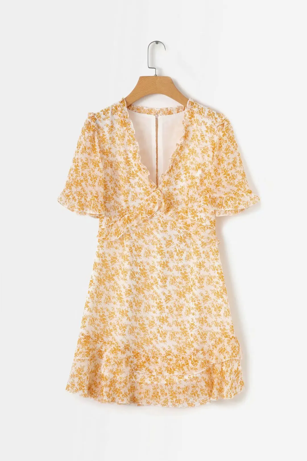 

Europe And America 2019 Summer New Style Slim Fit Slimming Versatile Frilled Short Sleeve V-neck Yellow Printed Dress Short Skir