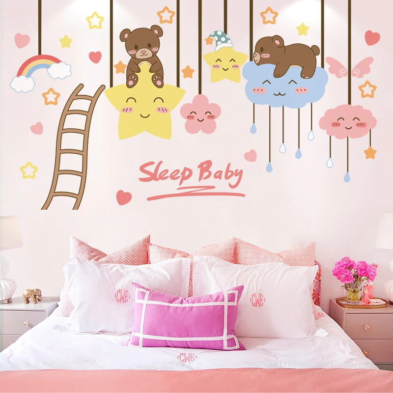 [shijuekongjian] Bear Animals Wall Stickers DIY Stars Clouds Decor Decals for Kids Rooms Children Nursery Home Decoration | Дом и сад