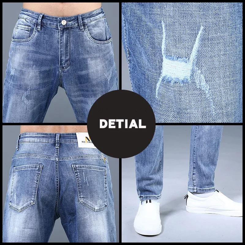 Summer Men's Blue Ripped Jeans Casual Loose Straight Denim Pants