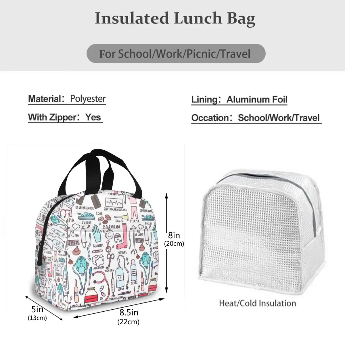 Travel Nurse Bag Insulated Lunch Bags Women Cartoon Nurse Print Food Case Cooler Warm Bento Box for Kids Lunch Box for School