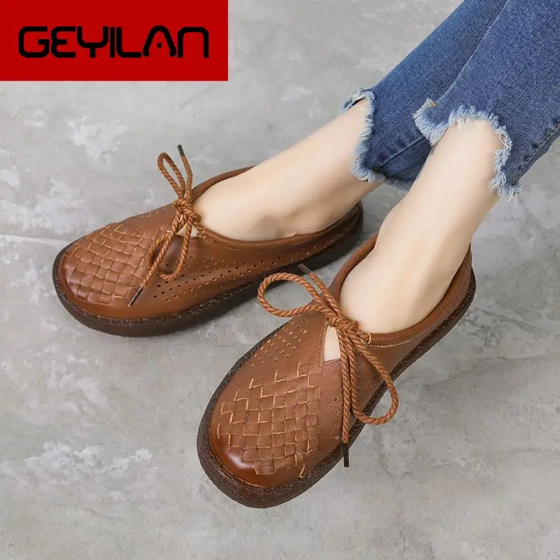 

Women Flat Shoes Lace Up Moccasins Soft Genuine Leather Ladies Shoes Handmade Flats Hollow Casual Women Shoes