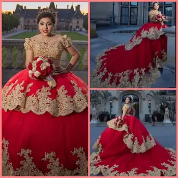 

Robe de soiree 2020 red ball gown quinceanera dress gold lace appliques beaded short sleeve princess court train prom gowns