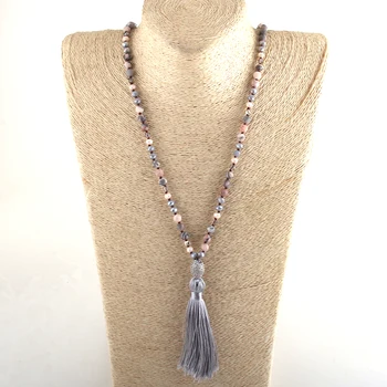 

MOODPC Fashion Bohemian Jewelry 6mm Stone Long Knotted Micro Zircon Pave Link Gray Tassel Necklaces D