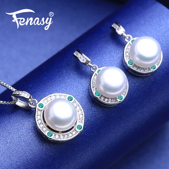 

FENASY 925 Sterling Silver Earrings Green Crystal Boho Necklace Natural Freshwater Pearl jewelry sets stud Earrings For Women