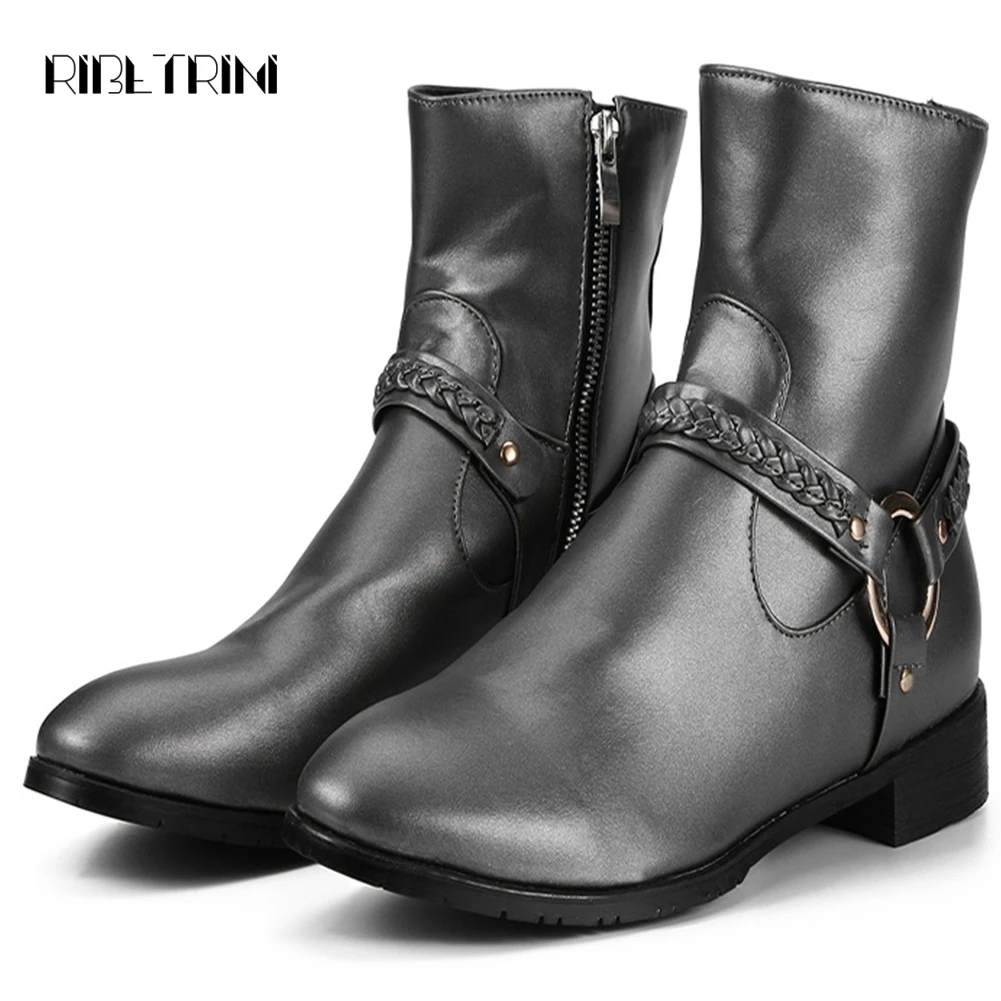 

RIBETRINI Riding Ankle Boots For Women 2019 Flat Heels Winter Fur Shoes Woman Round Toe Zipper Platform Boots Big Size 36-48