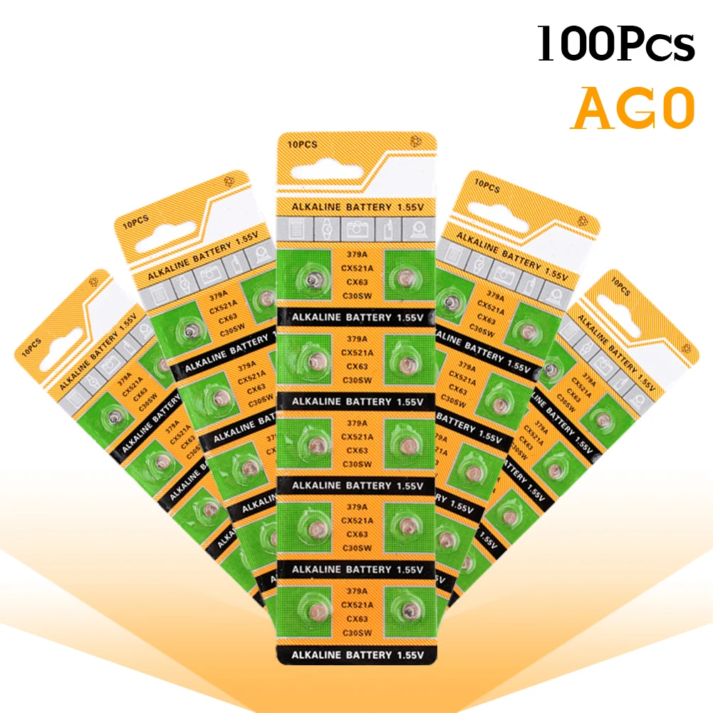 100 шт. щелочные батарейки AG0 LR521 379A SR521 379 618 SR63 521 SR521SW | Электроника