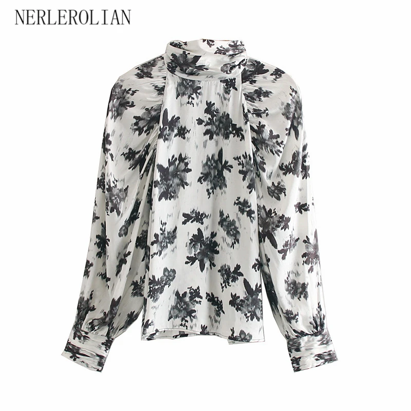 

NERLEROLIAN 2019 Women Floral Shirts Long Sleeve High Collar Casual Cute Top Blouses