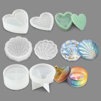 

3-Shape Shell Round Heart Container Mold with Lid , DIY Reusable Silicone Epoxy Resin Casting Candy Jewelry Mold Set