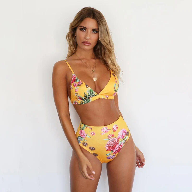 

Sexy Flower Print Swimsuit Women High Waist Padded Bikini Micro High Leg Push Up Bathing Suit Swimwear Women 2020 Bikini Set D35