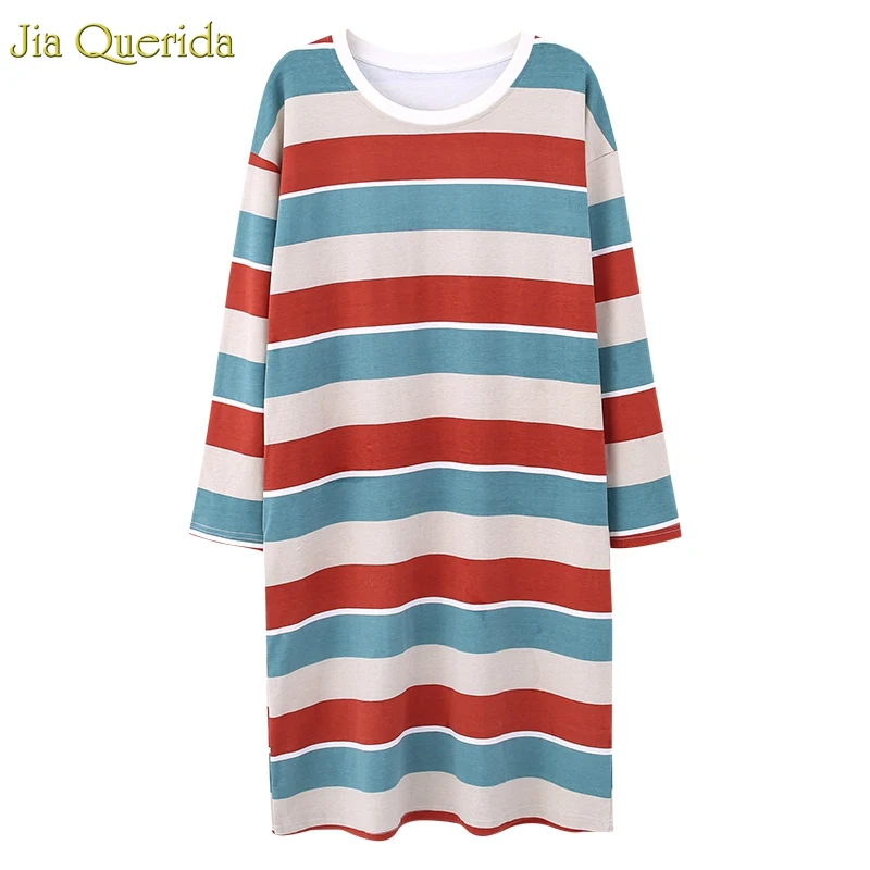 

Cotton Lingerie Nightgown Sleeping Dress Plus Size Nightgowns Stripe Sleepwear Women Loose Size Korean Style Night Dress Women